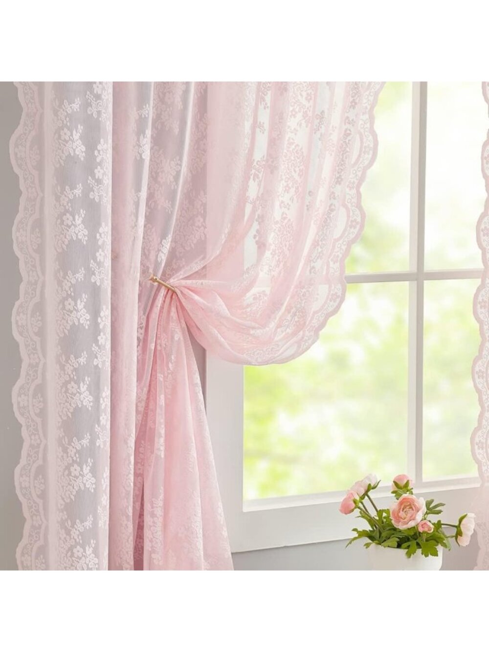 Cute Vintage Lace Curtains - Sheer Pink Floral Drapes for Girls' Room, 2 Panels